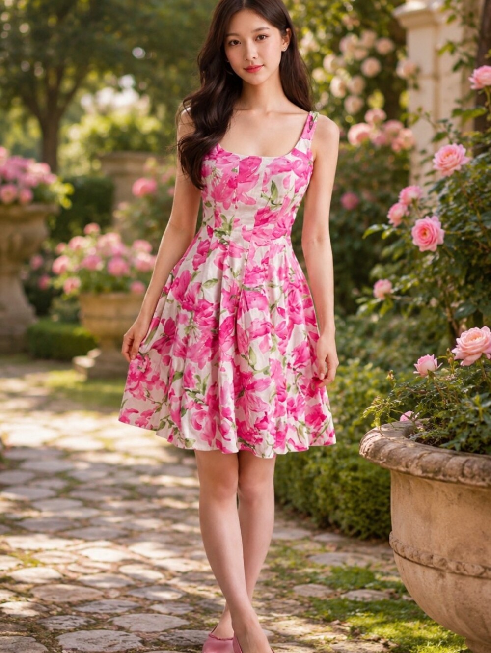 Fairycore Floral Sleeveless Pink Dress Tank Drop Waist Fit N Flare Feminine Sz 2